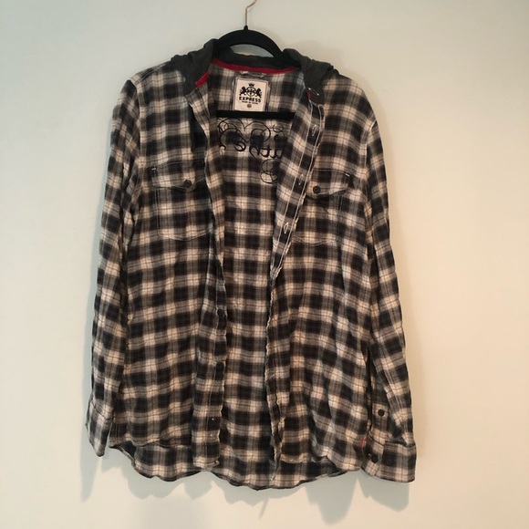 EXPRESS Truth & Valor Emblem Button Down Hoodie - Plaid Black, Grey & White.💥 - Picture 8 of 13